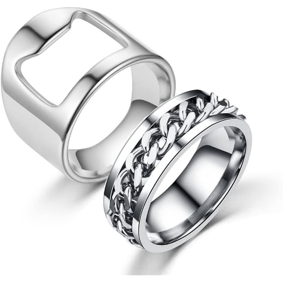2pcs Stainless Steel Bottle Opener Rings Set Spinner Chain Thumb Beer Bar Opening Ring for Men Women Creative Party Jewelry-Silver 10