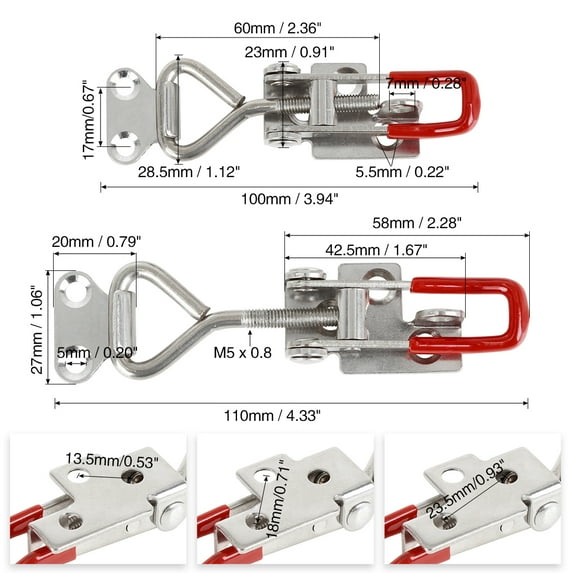 2pcs Stainless Steel Car Adjustable Toggle Clamp Latch Lock Hasp with Hole 100Kg 220Lbs