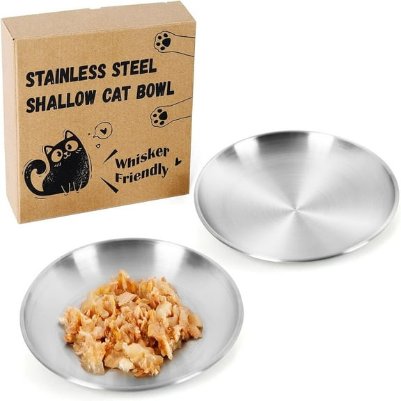 2pcs Stainless Steel Cat Food Bowls – Shallow Whisker-Friendly Non-Slip Silicone Base,Easy to Clean Indoor Feeding Dishes 13 OZ,6.7"