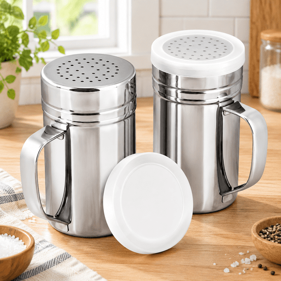 2pcs Stainless Steel Dredge, Salt Pepper Dredge Shakers with Handle, Seasonings Spice Shakers with Lid, 14 Ounce