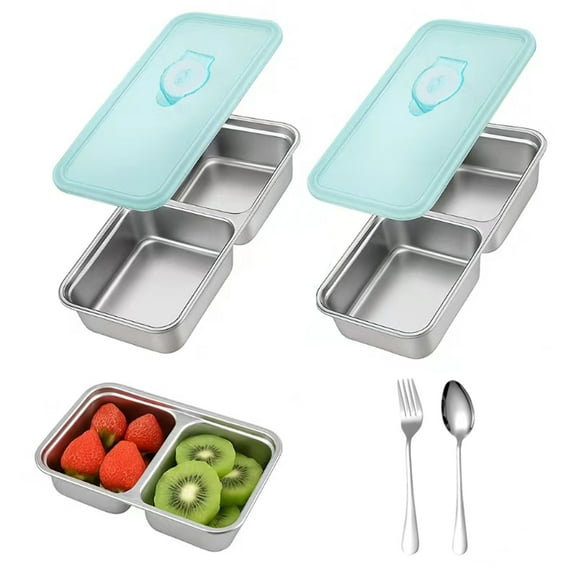 2pcs Stainless Steel Grab and Go Snack Containers Reusable with Lids Fork spoon, Leak-Proof Double Compartment Condiment Container, for Snacks Dips Travel and Outdoor Camping