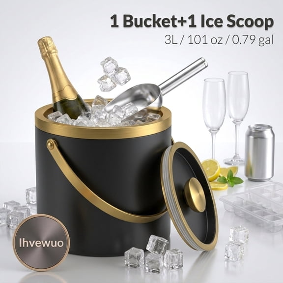 3L Insulated Ice Bucket with Lid and Scoop, Double Wall Stainless Steel Ice Container for Bar Cart, Home Party, Cocktail Accessories, Black Gold