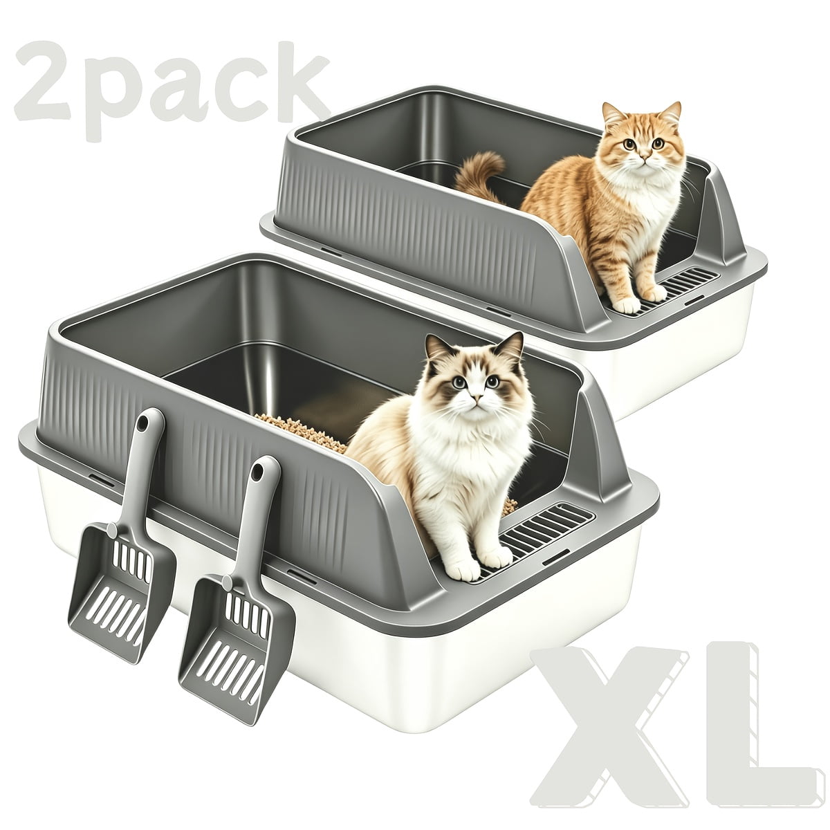 2pcs Stainless Steel Litter Box, Extra Large Litter Boxes for Big Cats, XL Metal Cat Litter Box with Lid High Sides, Anti-Urine Leakage, Non-Sticky, Scoop Included