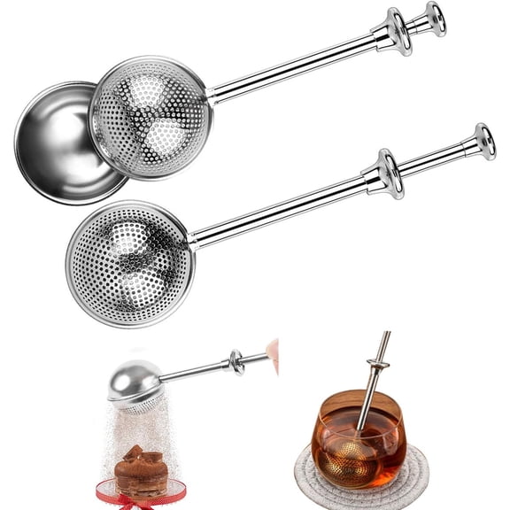 2pcs Stainless Steel Loose Tea Leaf Steeper&Sugar Shaker Duster Sifter 2 in 1, tea ball for loose leaf tea,tea strainers One-Hand Operated Spring-Loaded
