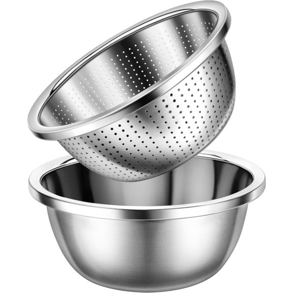 2pcs Stainless Steel Micro-Perforated Colander Set - Multifunctional Draining Basket And Mixing Bowl; Suitable for Washing Vegetables And Fruit, And Draining Rice And Noodles,A