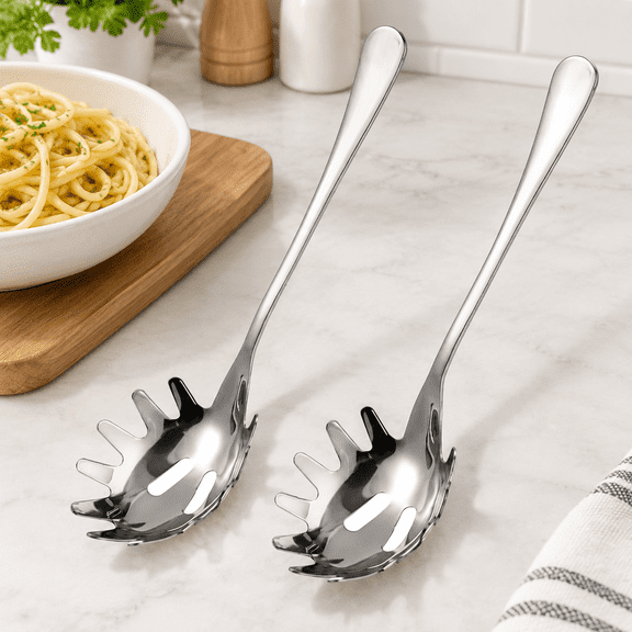 2pcs Stainless Steel Pasta Spoon with Teeth 9.44-inch Pasta Server Noodle Kitchen Utensils Spaghetti Strainer Scoop for Scooping Draining and Serving Dumplings