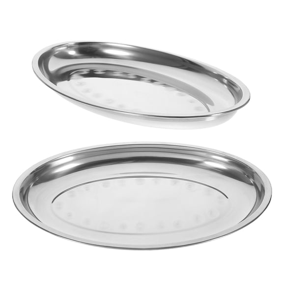 2pcs Stainless Steel Serving Platters Oval Dinner Plates Vanity Organizer Tray For Camping Bbq Party Buffet Appetizer 11.79 Inch 13.87 Inch