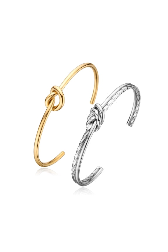 2pcs Stainless Steel Tie Heart Knot Cuff Bracelet for Women,Thin Wire Open Bangle Twist Knot Bridesmaid bracelet with 14k Real Gold Plated