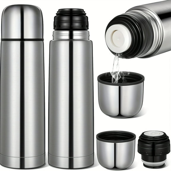 2pcs Stainless Steel Vacuum Insulated Travel Mugs, 17oz Hot Water Flasks with Black Lids & Cups - Leakproof Thermal Bottles for Coffee, Tea & Hot Drinks, Reusable & Durable Design