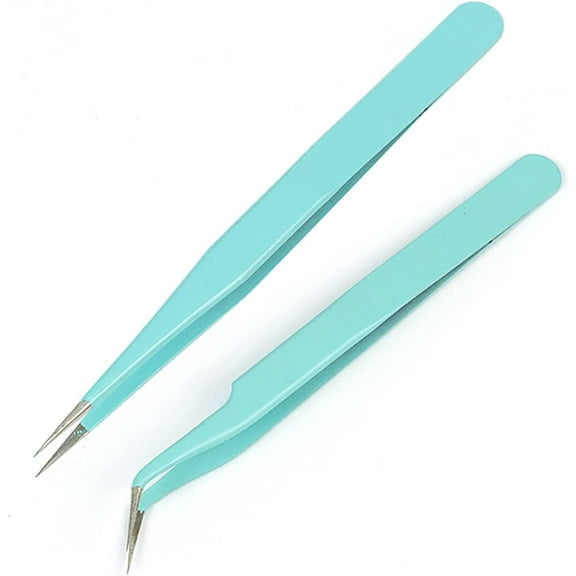 2pcs Stainless Tweezers Straight Curved Tweezers for Stickers Eyelash Extensions Precision Electronics Nail Rhinestone Jewelry, Scrapbooking Tools (Green)