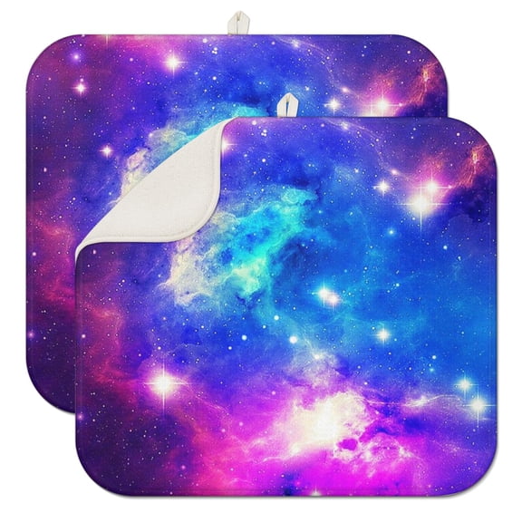 2pcs Starry Night Sky Kitchen Drying Mat Quick Dry Microfiber Pad Foldable Heat Resistant for Galaxy Enthusiasts