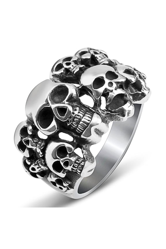 2pcs Steam Punk style Stainless Steel Multi-Skull Finger Rings Hollow Wide Rings for Men Stainless Steel color Size 11(20.6mm)