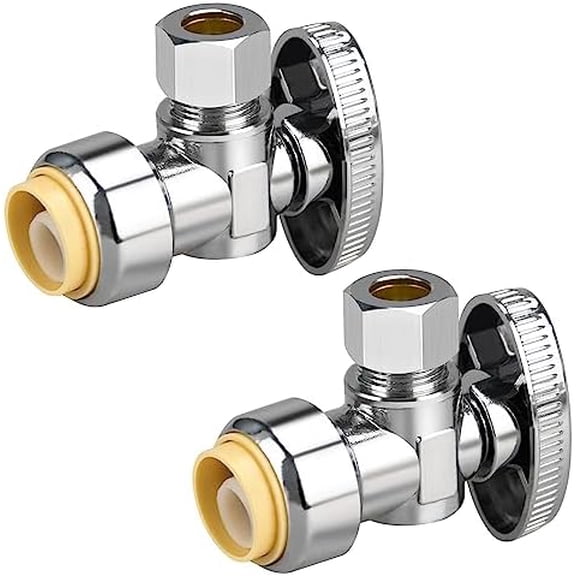 2pcs Stop Valves, 1/2" × 3/8" Angle Stop Valve, 1/2" PTC Input, 3/8" OD Compression Output, Push to Connect, 1/4 Turn, Chrome Plated Brass for Faucet, Toilet Valves, No Lead