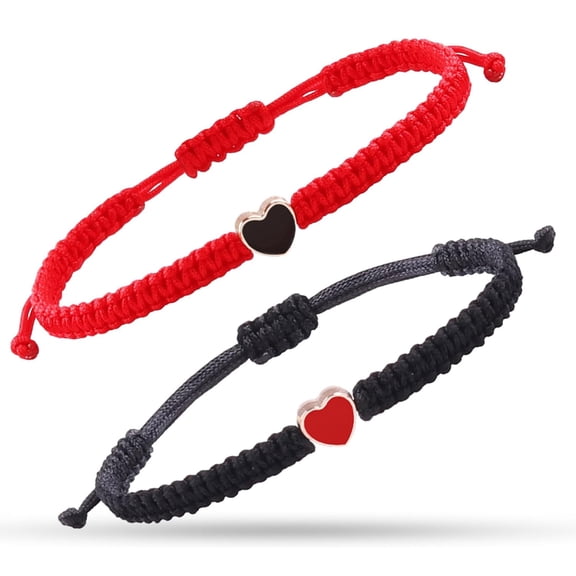 2pcs String Bracelet,Valentines Day Matching Heart Bracelets Set Handmade Woven Bracelets Adjustable Rope Bracelets for Teen Girls Boy Couples Birthday Gifts (pink and black)