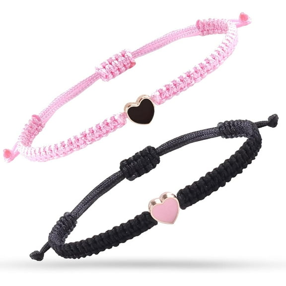 2pcs String Bracelet,Valentines Day Matching Heart Bracelets Set Handmade Woven Bracelets Adjustable Rope Bracelets for Teen Girls Boy Couples Birthday Gifts (pink and black)