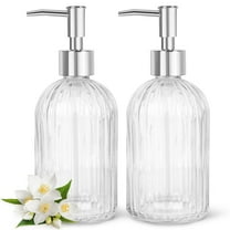 2pcs Stripe Glass Soap Dispenser with Silver Pump Head,400ml/13.5OZ Clear Hand Soap Bottle Refill Empty Bottle, Bathroom Kitchen General Purpose