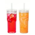 thumbnail image 1 of 2pcs Striped Glass Straw Cups With Lids - High Borosilicate Glass, Suitable For Iced Coffee, Milkshakes And Juices - Comfortable Grip, Ideal For Home, Office And Party Use [Brush Not Included], 1 of 11