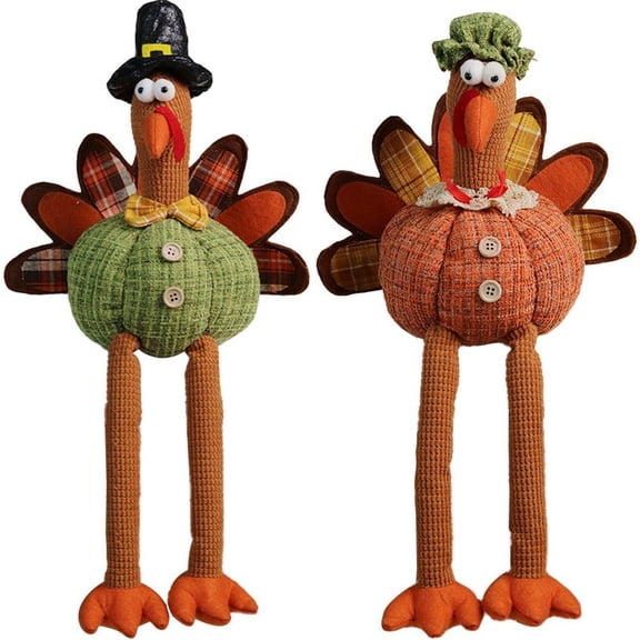 2pcs Stuffed Turkey Fall Tabletop Ornament Plush Thanksgiving Sitting Turkey with Long Leg for Tiered Tray Shelf Harvest Decor,Autumn Gift
