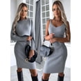 thumbnail image 1 of 2pcs Suit Women's Solid Stripe Long-sleeved Top And Tight Suspender Skirt Fashion Autumn Winter Slim Clothing, 1 of 10