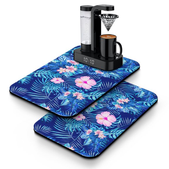 2pcs Summer Beach Coffee Bar Mat, Reusable Absorbent Non-Slip Pad Set for Coffee Machine, Exotic Floral Design