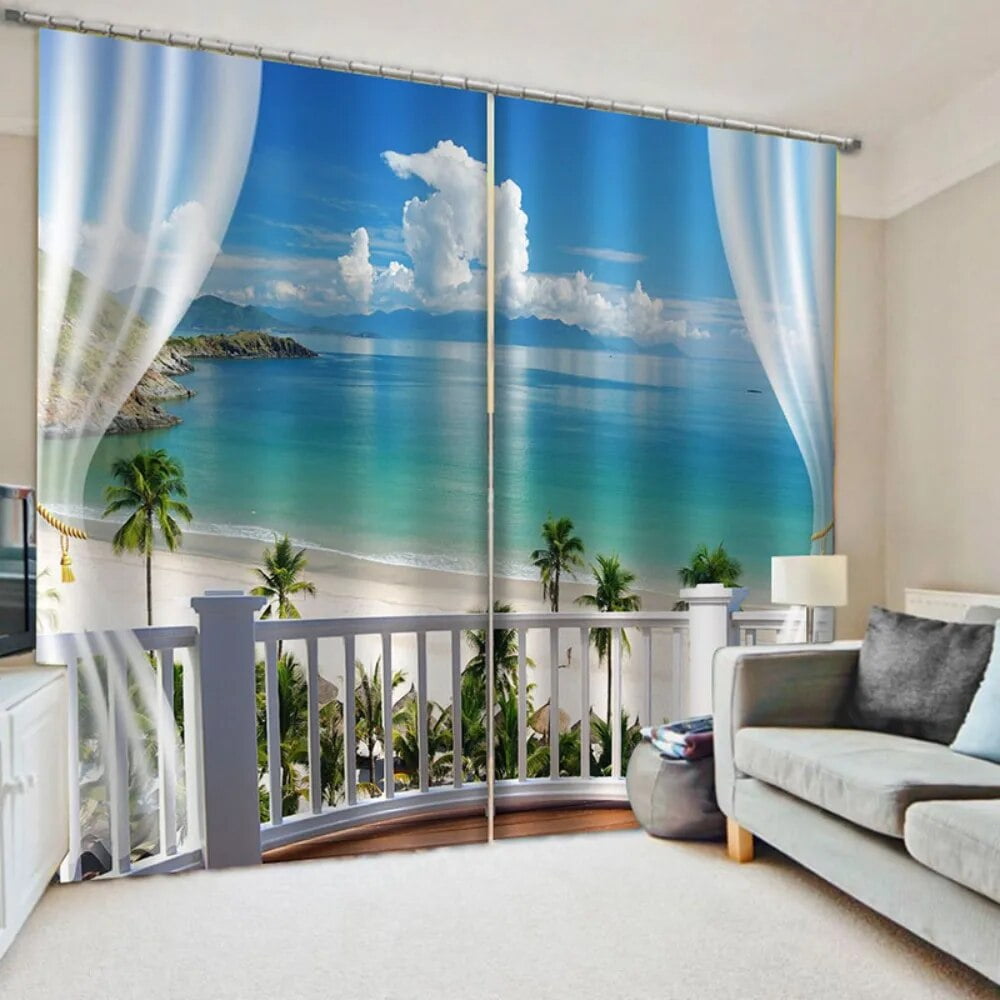 2pcs Summer Beach StarCurtains Blue Ocean Landscape Curtain for Bedroom ...