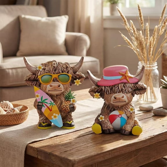 2pcs Summer Highland Cow Figurines, Solid Wood Beach Style Statue Decor, Rustic Desktop Ornament Gift Suitable for Cattle Lovers Home Indoor Tabletop Decoration, Multicolor