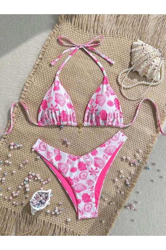 2pcs Summer Holiday Halter Neck Triangle Bikini Set with Metallic Golden Shell Decor