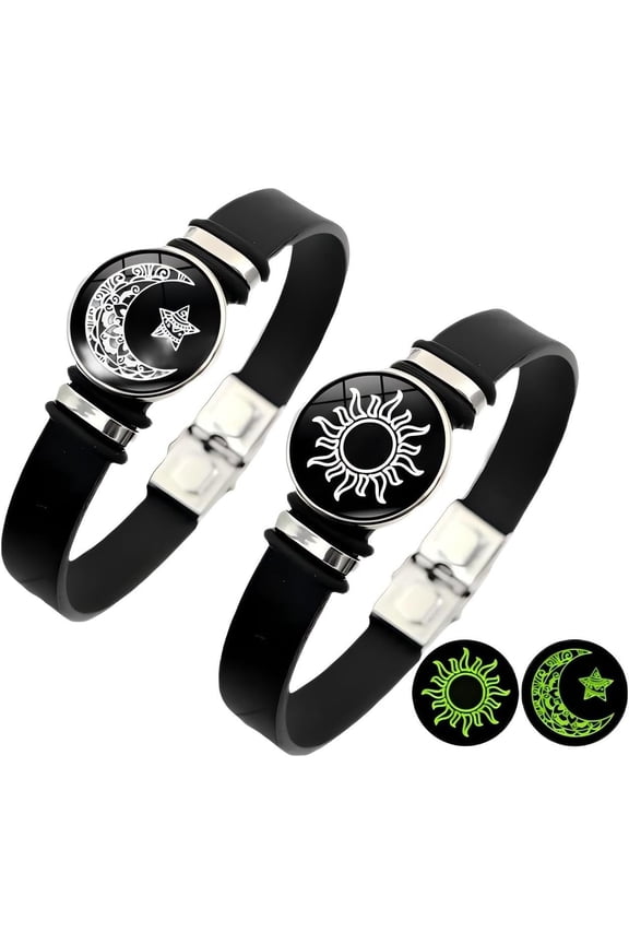 2pcs Sun Star Moon Glow-in-the-dark Bracelets, Men's and Women's Black Leather Bracelets, Sun Moon Star Couple Bracelets