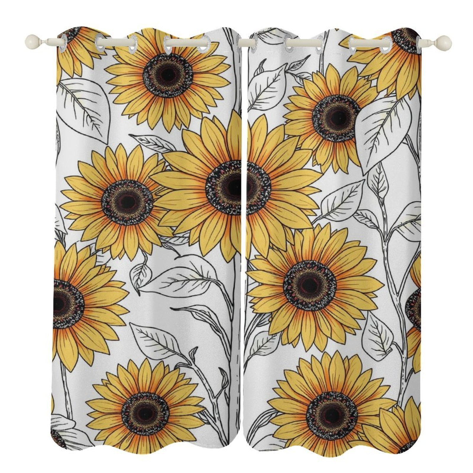 2pcs Sunflower Floral Pattern Curtains For Living Room Grommet Top