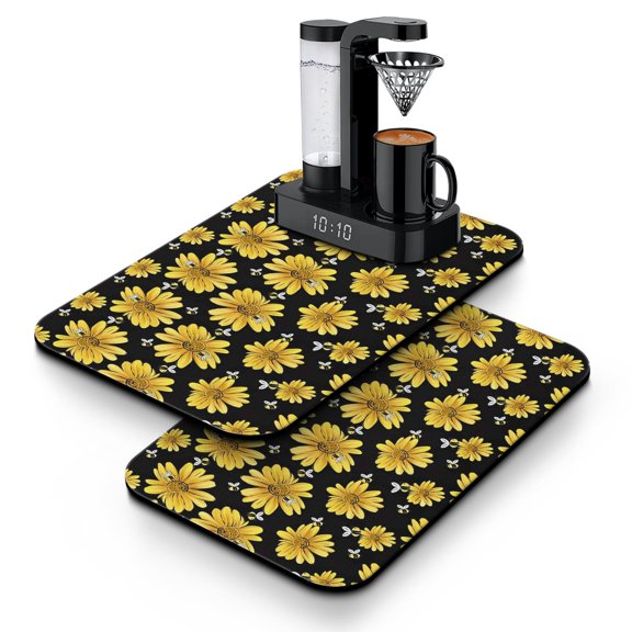 2pcs Sunflower and Wildflowers Coffee Maker Mat, Rustic Absorbent Drying Mat, Non-Slip Kitchen Counter Mat, Country Farmhouse Style