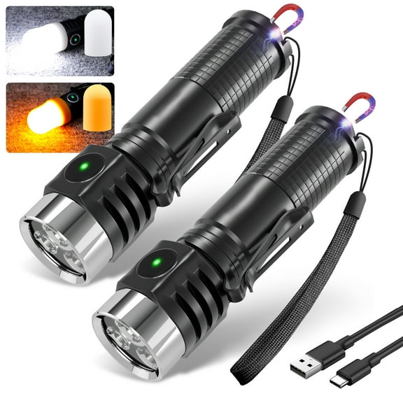 2pcs Super Bright USB Rechargeable LED Flashlight, 4Modes with Three Wicks and Magnetic Bases, EDC Pocket Working Light with Diffuser Cover and Portable Clips for Camping, Emergency,Hurricane Outage