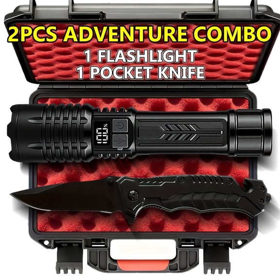 2pcs Survival Gear: Tactical Flashlight & Pocket Knife Combo with Rechargeable High-Power Flashlight, 3-Mode, & Clip- Knife - Outdoor Emergency Preparedness for Camping, Hiking, for Men Gift (Perfect