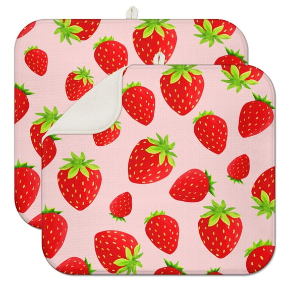 2pcs Sweet Strawberry Fruit Kitchen Mat, Pink & Red Colored Berry Pattern, Heat Resistant & Quick Dry Microfiber Pad, Reusable & Durable