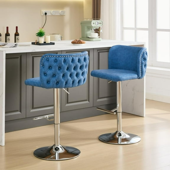 2pcs Swivel Bar stools, Modern PU Leather Height Adjustable Barstool, Upholstered Barrel Chair 360°Counter Swivel with Silver Metal Legs and Footrests for Kitchen Island Bar Counter, Blue