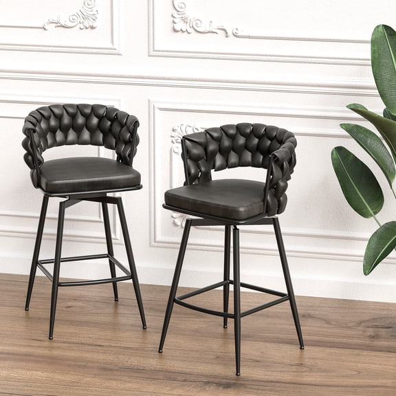 2pcs Tan Woven Bar Stools, 360 Degree Spin, Strong Construction, Upholstered Counter Stool With Back And Footrest For Kitchen 28" Stools Of 2. Swivel, Robust Frame,