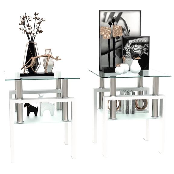 2pcs Tempered Glass Table , Modern Square Living Room Table, Transparent And White, Metal Structure, Easy To Clean & Assemble Of 2, Coffee End Tables For Room, Transparent/white, 20.86"l X 20.86"w