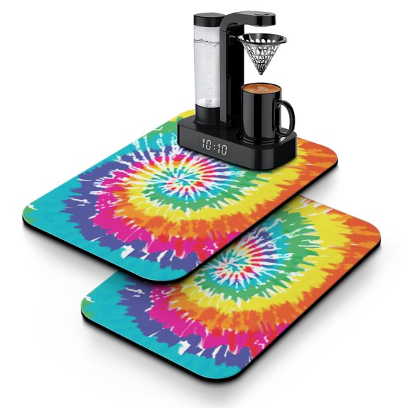 2pcs Tie Dye Coffee Maker Mat Set 4-Layer Absorbent Non-Slip Mat for Coffee Station, Vintage Boho Watercolor Design, Multi-Purpose Kitchen Counter Protector (12x19in)