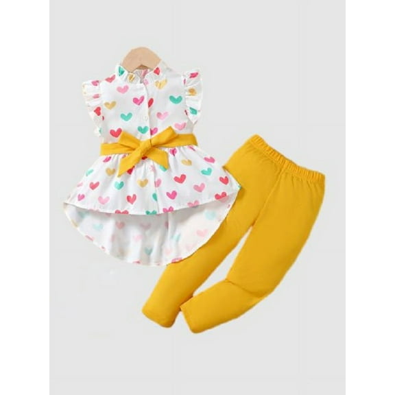 2pcs Toddler Kid Girl Colorful Heart Printed Ruffle Sleeve Belted Shirt And Tight Casual Pants For Spring/Summer