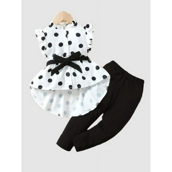 2pcs Toddler Kid Girl Polka Dot Printed Ruffle Sleeve Belted Shirt And Tight Casual Pants For Spring/Summer