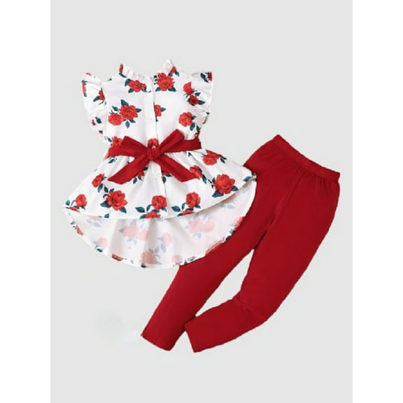 2pcs Toddler Kid Girl Rose Printed Ruffle Sleeve Belted Shirt And Tight Casual Pants For Spring/Summer
