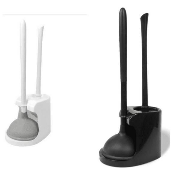 2pcs Toilet Plunger and Brush, 2 in 1 Toilet Bowl Brush Plunger Set with Holder, Bathroom Cleaning Tools Combo with Caddy Stand (White and Black)