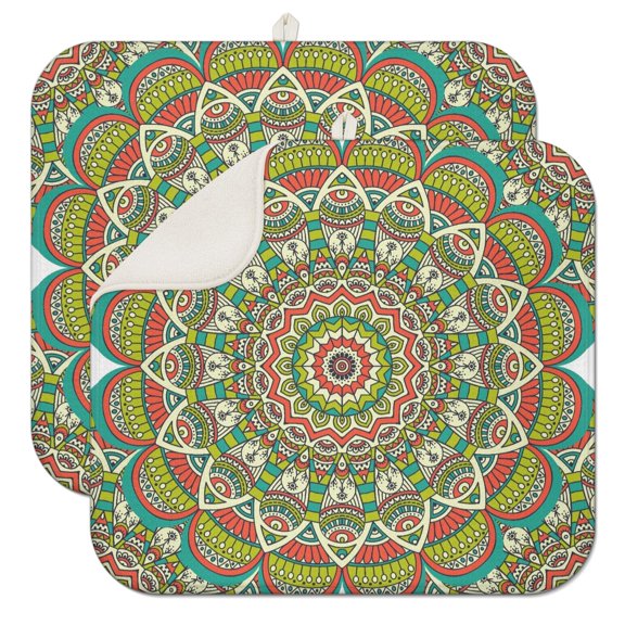 2pcs Traditional Sacred Mandala Kitchen Pad, Geometric Mandala Design, Super Absorbent & Quick Dry, Eco-Friendly & Reusable