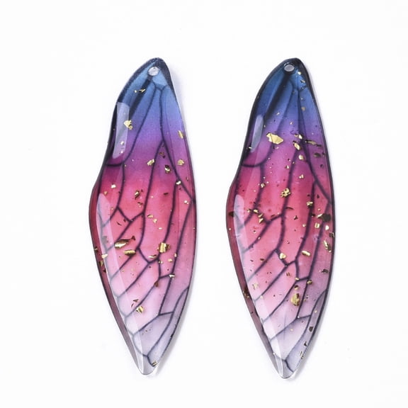 2pcs Transparent Epoxy Resin Big Pendants with golden Foil Insects Wing Blue 51x16.5x1~2.5mm Hole: 1.2mm DIY
