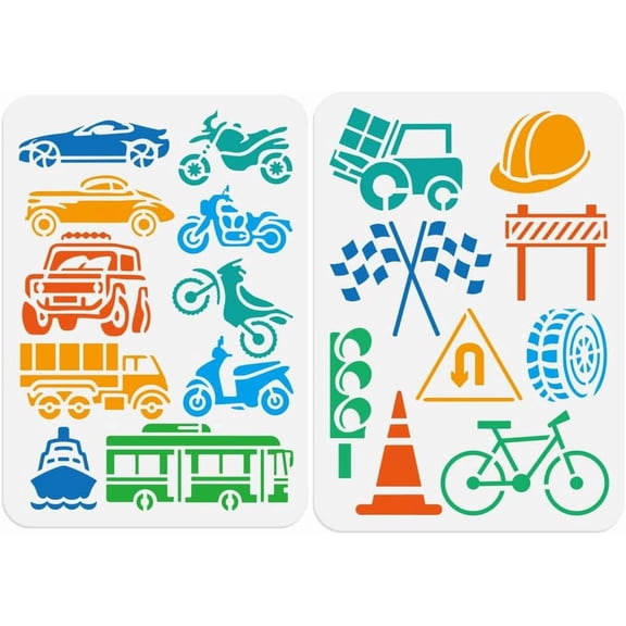 2pcs Transport Vehicles Painting Stencils on Wall 11.69"x8.27" Bus Truck Motorcycle Car Reusable Stencils DIY