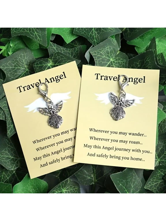 2pcs Travel Angel Mini Charm Keychain Set with Inspirational Card - Durable Fantasy Gift for Graduation, Goodbye, Holidays & Encouragement