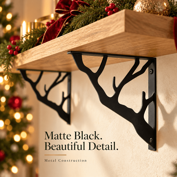 2pcs Tree Branch Metal Corner Shelf Brackets, 7.88 x 7.88 in Black Iron Hollow-Cut Wall Supports for Custom Wood Shelves, Living Room, Entryway, Bedroom or Study, No Board