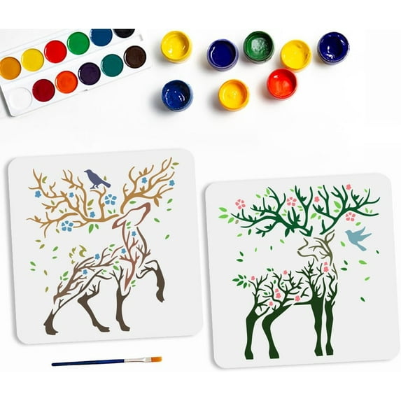 2pcs Tree Deer Stencil 11.8×11.8inch Large Tree Branch Deer Drawing Stencils with Paint Brush Artistic Flower Crow Antler Template for Canvas Wall Wood DIY Craft Home Decor