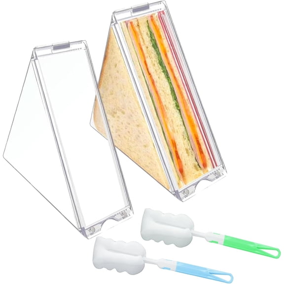 2pcs Triangle Sandwich Container with 2 Cleaning Brushes - Portable Transparent Box, Reusable Washable Breakfast Container