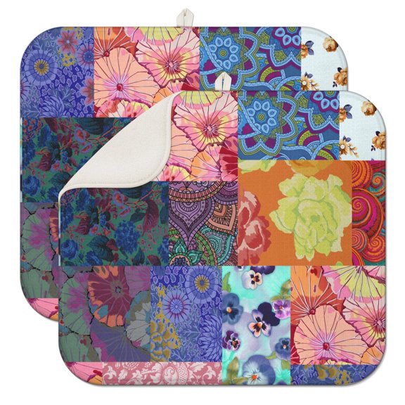2pcs Tribal Folk Style Drying Mat Colorful Vintage Floral Absorbent Microfiber Pad, 3-Layer Thick & Reusable for Dishes, Heat Protection, Compact Foldable Design