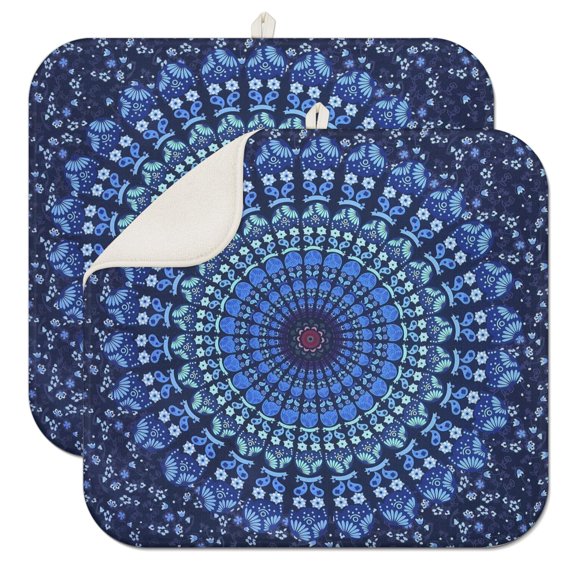 2pcs Tribal Folk Style Drying Mat Colorful Vintage Floral Absorbent Microfiber Pad, 3-Layer Thick & Reusable for Dishes, Heat Protection, Compact Foldable Design